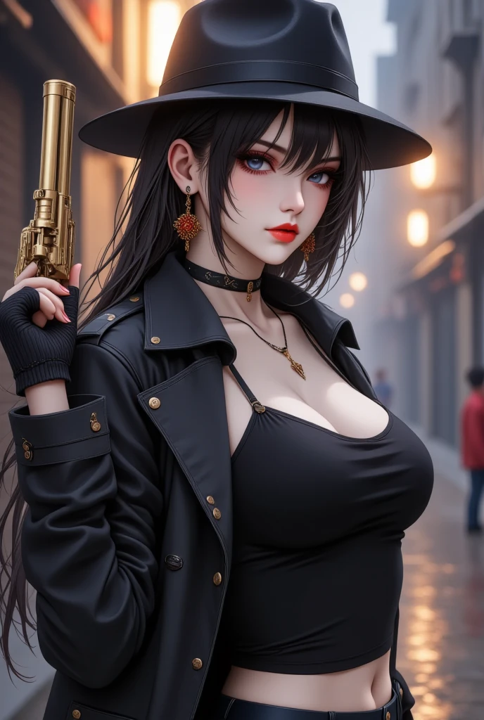 very big cleavage ,  and  attitude ,   rugged girl witch wearing   uniform inspired by frank frazetta  , large wide - brimmed witch hat, cinematic, elaborate, elegant, masterpiece, illustration, digital painting, concept art, trending on artstation, pixiv, art by ruan jia and hong soonsang and wlop and artgerm and greg rutkowski and alphonse mucha 