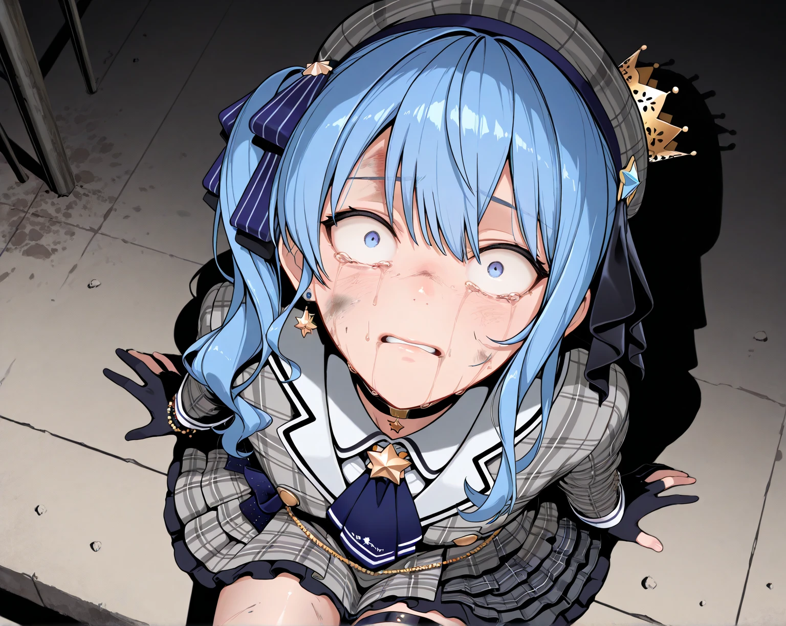 masuter piece, Best Quality,Illustration, Wallpaper, ultra -detail, a small face、(((molesting)))、barechested、((shame))、(Teary-eyed)、(((Nothing is worn)))、((Girl being touched by a man))、A man pulls up a girl's skirt 、Angle from below、ample breasts