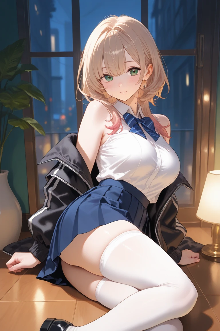 masterpiece, Highest quality, High Resolution, HS1,blush、smile,NSFW、Balcony、See-through white underwear、Cover your crotch with your hands、Big Breasts、Ponytail、,rain、priest clothes,Glasses