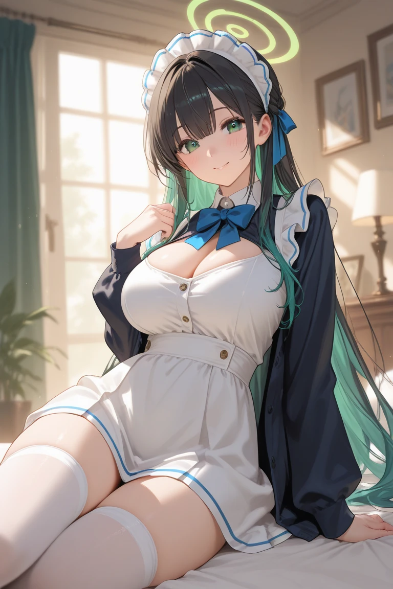High quality, masterpiece, ultra-detailed, 1girl, bunny maid outfit, solo, peaceful expression, long black hair, enchanting eyes, blue and green eyes, heterochromia, bunny ears, ridiculously large breasts, shiny skin, bedroom