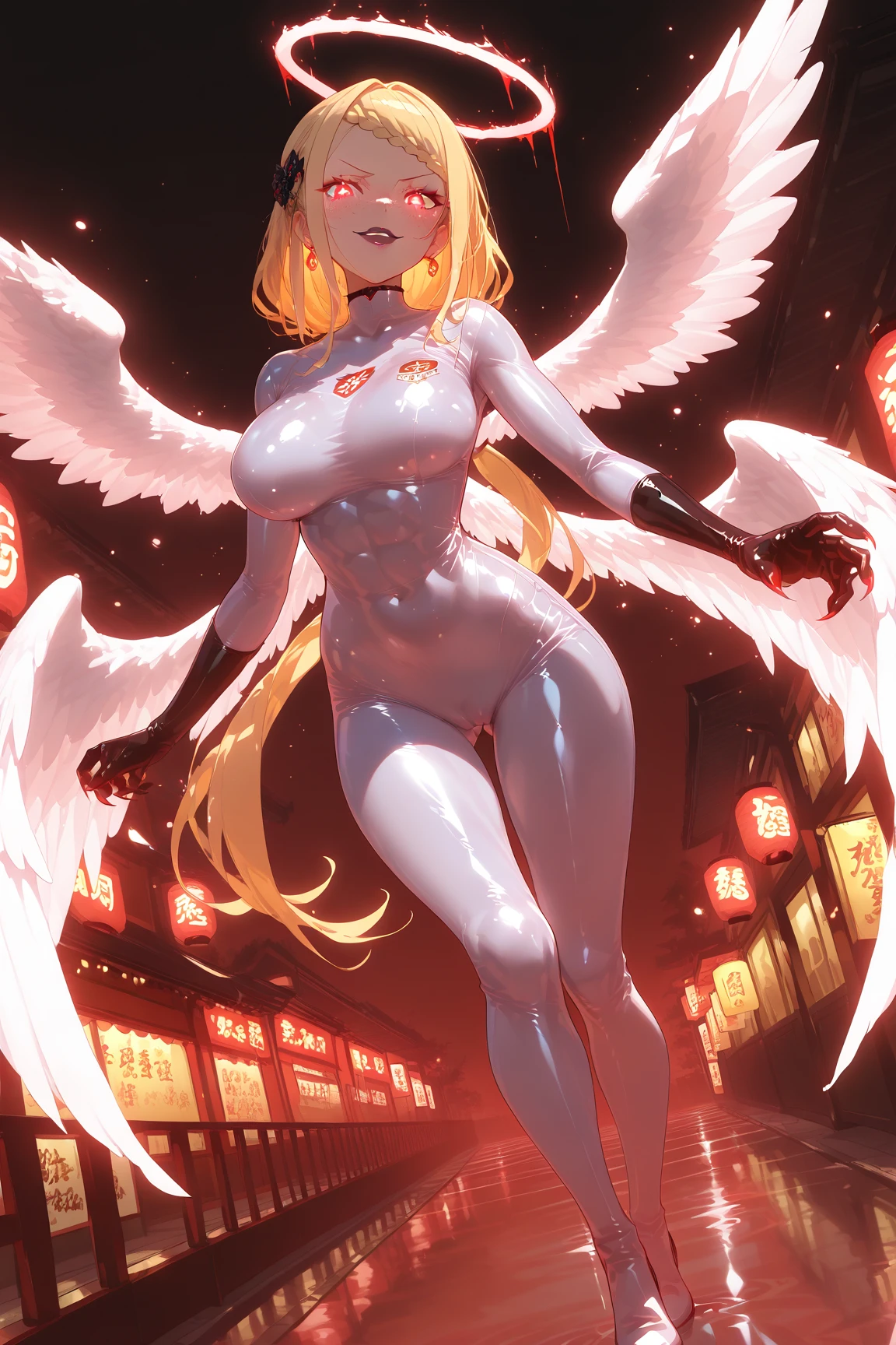 Anime girl with angel wings and a pink bodysuit posing, Abnormally enlarged hips, tits, super wide angel, biomechanical tits, tits proportions, chic, Bubble Gum Body, Shiny skin, Highly detailed body, Cute sexy ass, latex BODY suit, White Hair, Heart-shaped earrings, A-line bob cut hair, Put your index finger on your lips, blue eyes, Blue glowing eyes