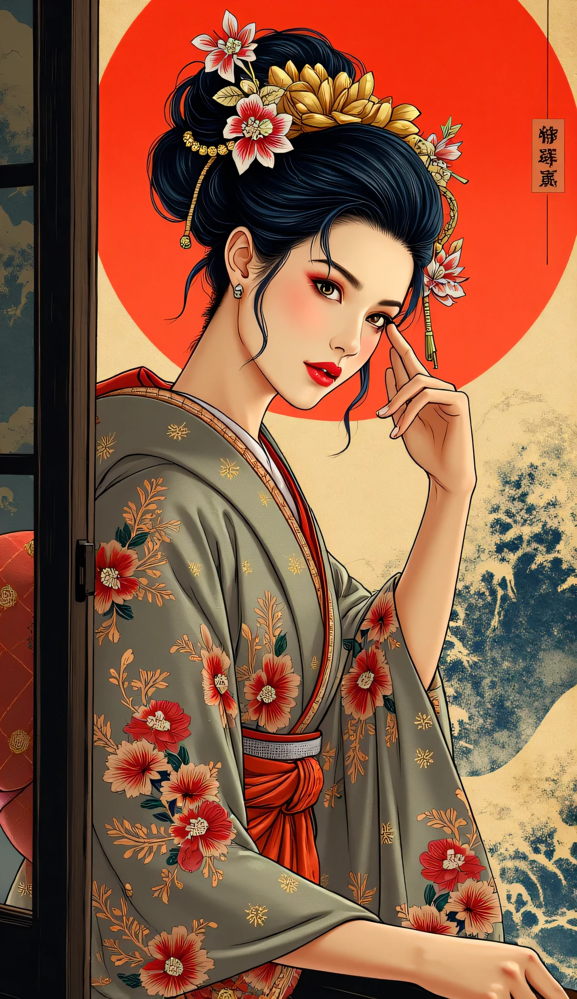 highdefinition images、Katsushika Hokusai manga(pretty eyes、Look at every detail、multi-colored hair below the arm)、 kimono that looks like a yukata 、Woman looking out of a window、葛飾北斎スタイルで火のように見える highdefinition images、Kimono beauty、顔のdetails、highest quality ukiyo-e、details、high resolution image beauty。