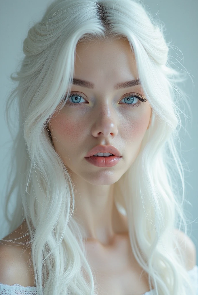 Realistic portraits、face perfect、Beautiful silky silver hair、Clear turquoise eyes、skinny body、Big white shirt、Long T-shirt