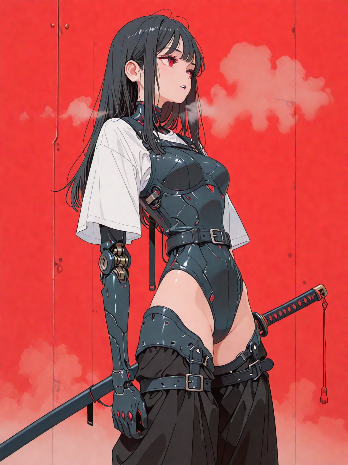 (Highest quality),Japanese,Long Black Hair,Hime cut,Pussy,Nipples,Very flat chest,Very thin body,White tank top,Leather skirt,boots,Gloves,Elbow Guard、suspenders
