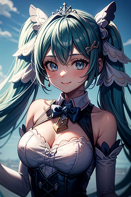 soles, masterpiece, Hatsune Miku, 1 person, solo, hair inhalation, face up, blue sky, glow white particle, (sidelighting:1.2), sun rise , pink cloud, detailed clouds, slender, Lovely small exposed breasts, super cute smile with teeth, red cheek, blushing, beautiful green hair, magic light, deep shiny blue eyes, cute girly pause, Draw your breasts inward and push them up, choker, pink see-through blouse with blue tie, blue skirt , white belt, on the roof of building, super detailed beautiful city view background, wide shot, give wink, giving peace sign