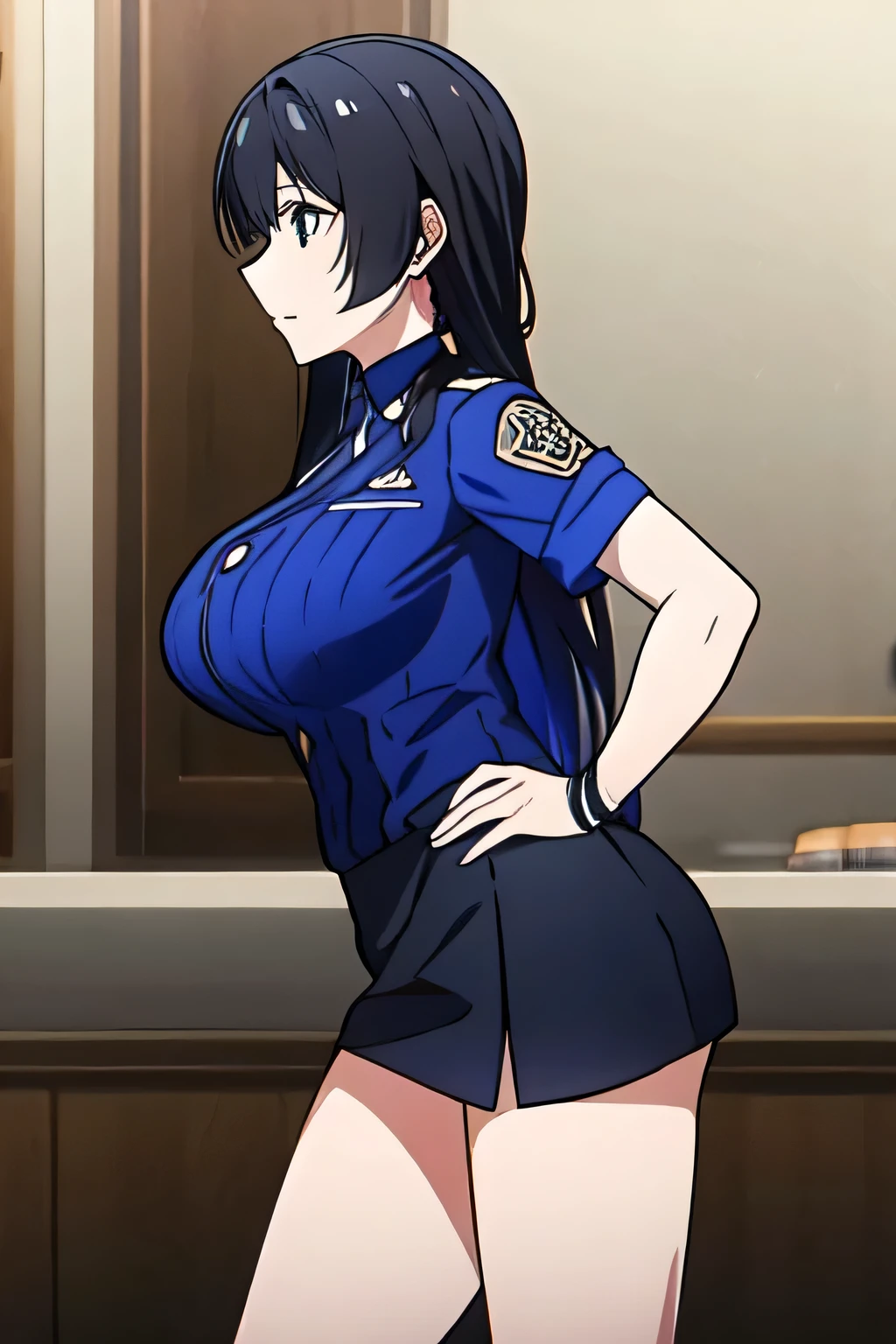 (1girl, solo, (masterpiece:1.2), best quality, , (sexy police woman , police hat , police bra , police shorts , police office background , big breasts , wide hips milf ,) Hinata hyuga , smile