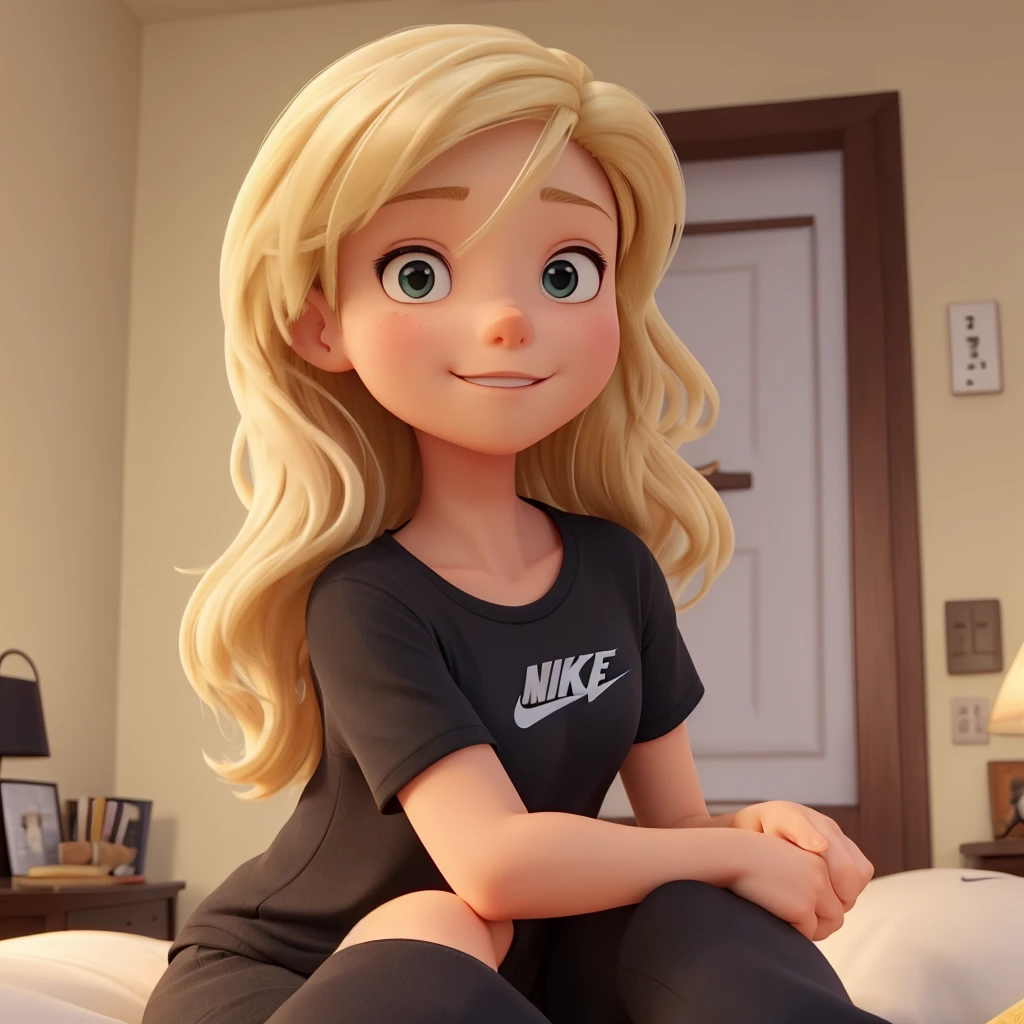 a girl with long blonde hair, blue eyes, white tank top, tight fitting black pants. alone in bedroom.