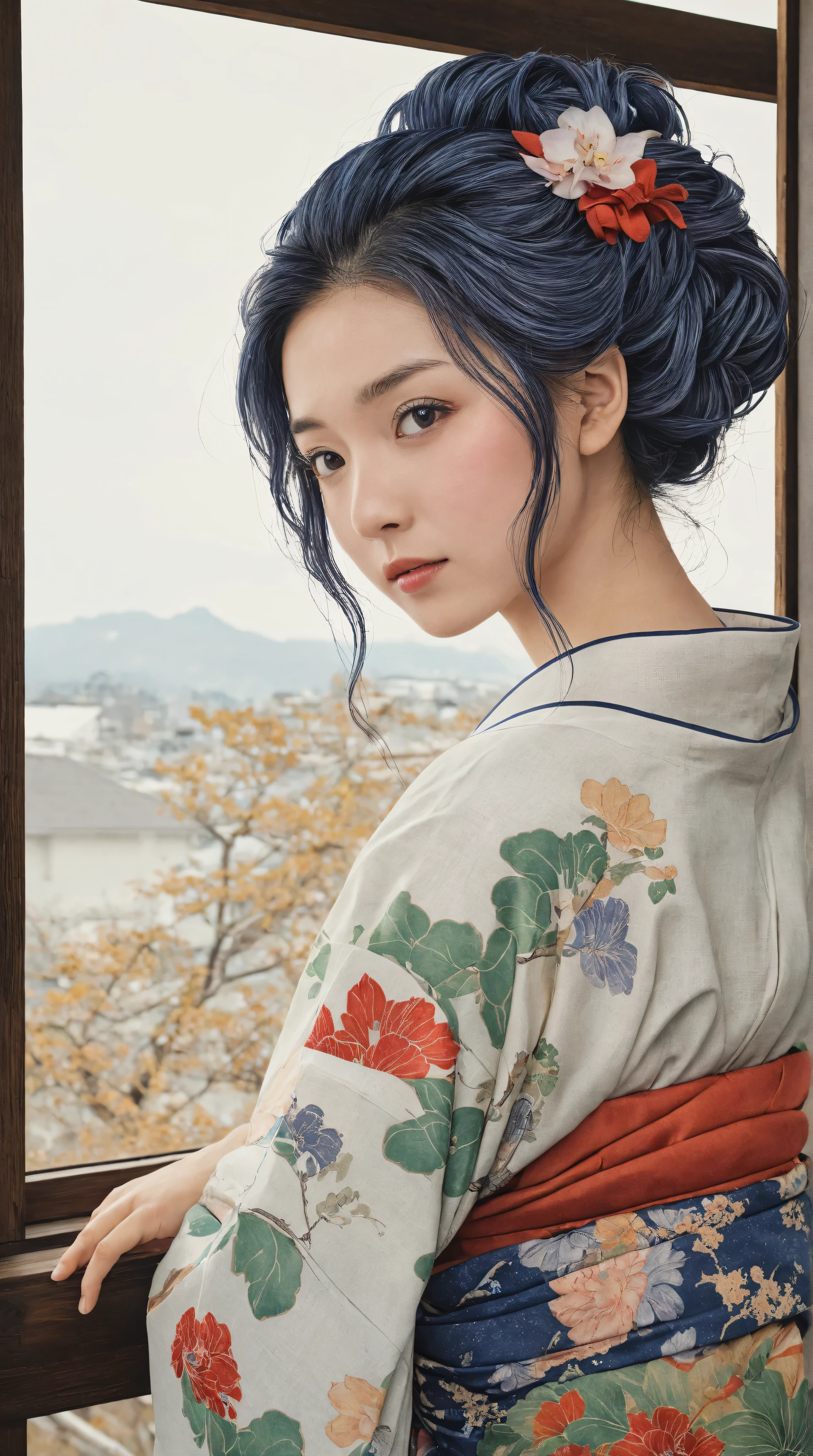 highdefinition images、Katsushika Hokusai manga(pretty eyes、Look at every detail、multi-colored hair below the arm)、 kimono that looks like a yukata 、Woman looking out of a window、葛飾北斎スタイルで火のように見える highdefinition images、Kimono beauty、顔のdetails、highest quality ukiyo-e、details、high resolution image beauty。