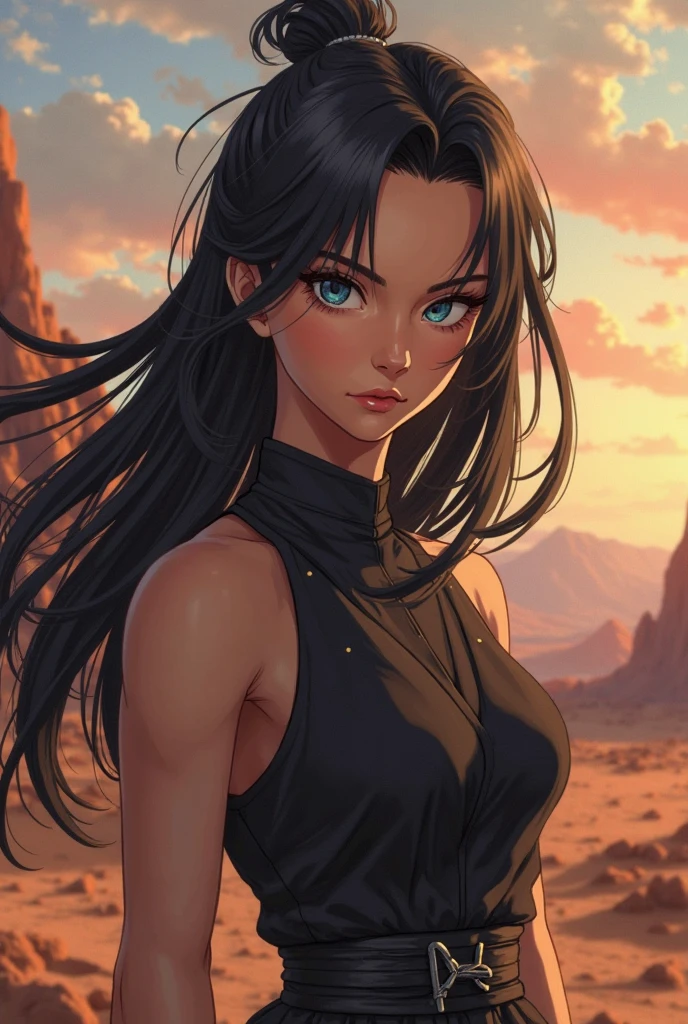 Crée une image style attaque des titans. She's a white girl but slightly tanned, elle a les yeux marrons clair, her hair is long, almost down her back, black and sleek.