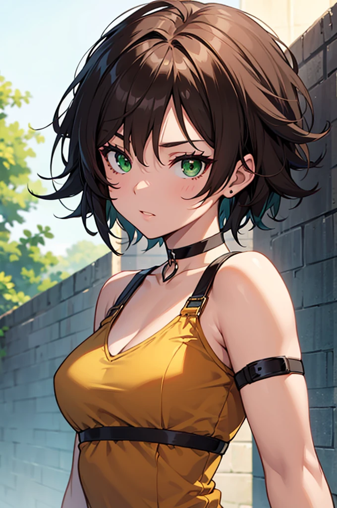 masterpiece, happy, glare, green eyes, (bronzed skin), short brown hair, Medium chest, black bikini, mini pant, army, aerodrome, split, bare shoulders, clavicle, dog tags, Very detailed, camo