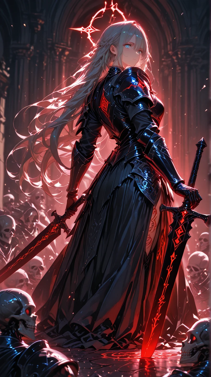 um close up de uma mulher em um vestido longo segurando uma espada, arte de estilo fantasia escura, design de personagens de fantasia sombria, Mulher guerreira vampira, epic exquisite character art, Bloody + arte conceitual, cavaleiro de sangue, assassina feminina, assassina feminina bonita, monochrome and red color bleed, arte de personagem impressionante, epic fantasy character art, arte de fantasia sombria, arte conceitual de fantasia sombria