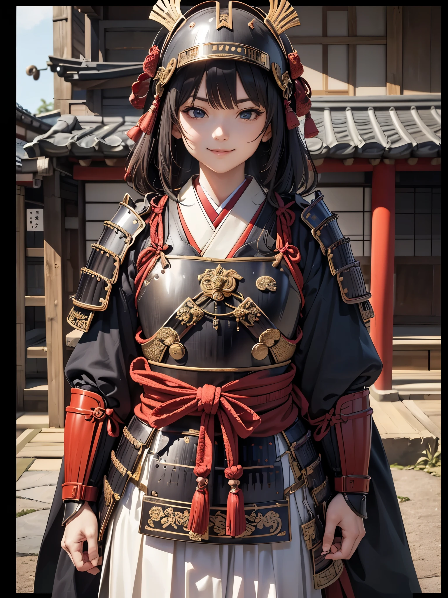 masterpiece, (west shots in an Edo period town in Japan: 1.3),  Anime Beautiful Girls, (9), (perfect anatomy: 1.4), (6.), Smile, Watch Military Commander , (Hair Ornament), (Japanese Armor: 1.3), （dark haired）, white, (princess Watch Military Commander : 1.2), Body Armor, breastplate,  gold border, BLACK BACKGROUND、 simple helmet