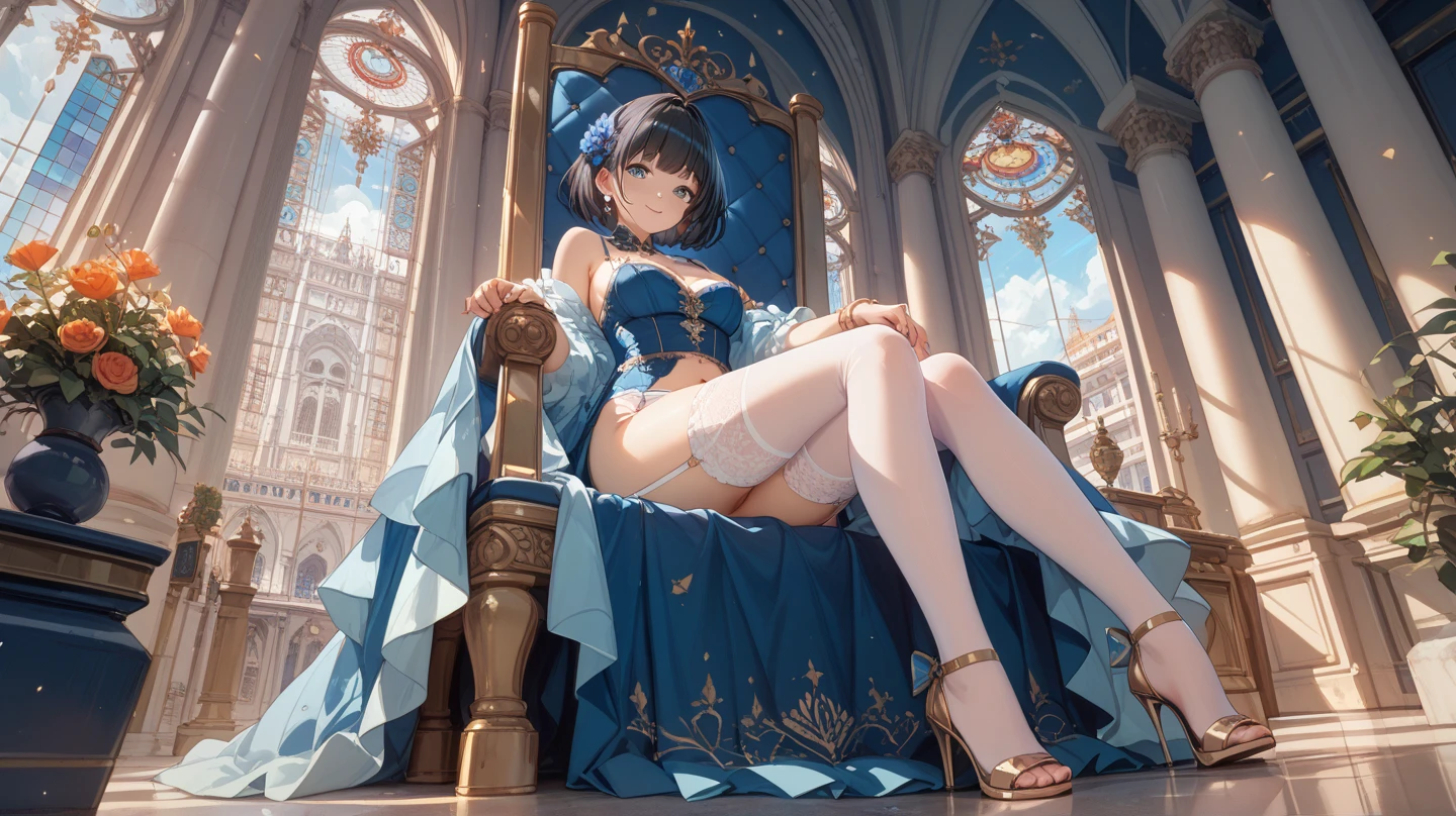 perfect lighting,HDR, ultra resolution , very detailed, masterpiece, ultra quality, 4K HD,st Louis, sitting on throne,crossed legs, looking at viewer,look from below ,strict, silver dress, silver heels,silver armstockings,silver stockings