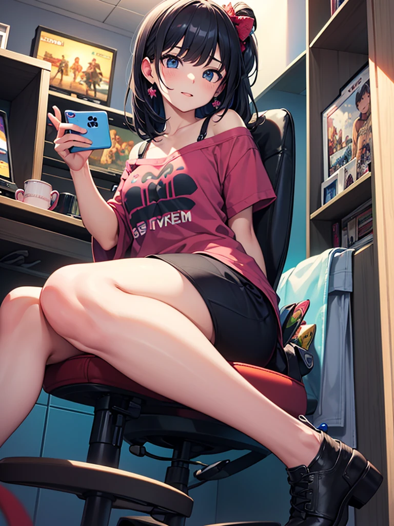 realistic anime illustration of adorable young woman in long hair, she is sitting while playing video game, holding game video joypad, game console, (1girl, solo, full body), (masterpiece, best quality, japanese anime style), (expressive eyes, perfect face, perfect body), (no watermark)