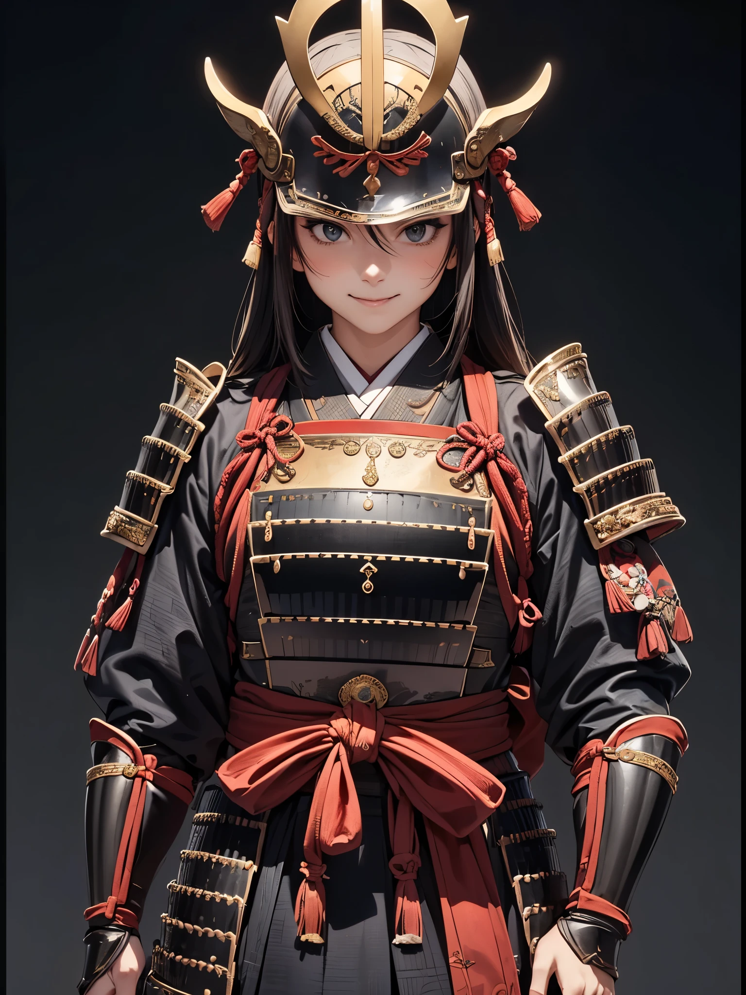 masterpiece, (west shots in an Edo period town in Japan: 1.3), Anime Beautiful Girls, (9), (perfect anatomy: 1.4), (6.), Smile, Watch Military Commander , (Hair Ornament), (Japanese Armor: 1.3), (dark haired), white, (princess Watch Military Commander : 1.2), Body Armor, breastplate, gold border, BLACK BACKGROUND、 simple helmet