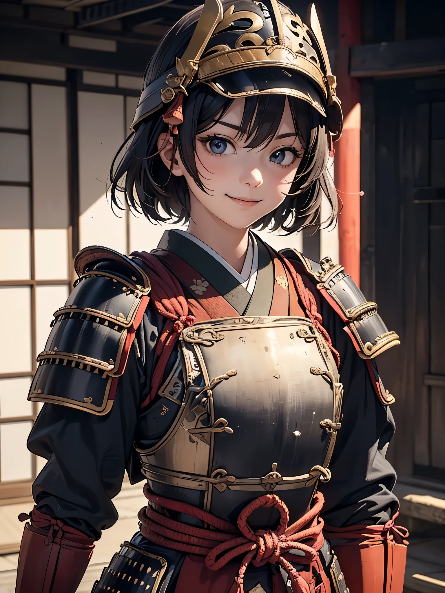masterpiece, (west shots in an Edo period town in Japan: 1.3),  Anime Beautiful Girls, (9), (perfect anatomy: 1.4), (6.), Smile, Watch Military Commander , (Hair Ornament), (Japanese Armor: 1.3), （dark haired）, white, (princess Watch Military Commander : 1.2), Body Armor, breastplate,  gold border, BLACK BACKGROUND、 simple helmet