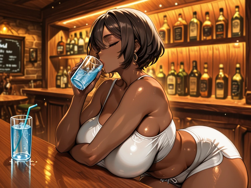 Hyper intrincate detailed, realistic, best quality 16k, karin:1._(blue_archive) absurdres  highres   1girl alternate_costume aqua_bikini ass backboob bikini black_hair breasts cocktail_glass cup dark-skinned_female dark_skin drinking_glass faceless faceless_male from_behind gradient_hair halo holding holding_tray huge_breasts indoors long_hair looking_at_viewer looking_back multicolored_hair open_mouth profile purple_hair purple_halo skindentation solo_focus string_bikini sweatdrop swimsuit thighhighs tray very_long_hair white_thighhighs yellow_eyes
