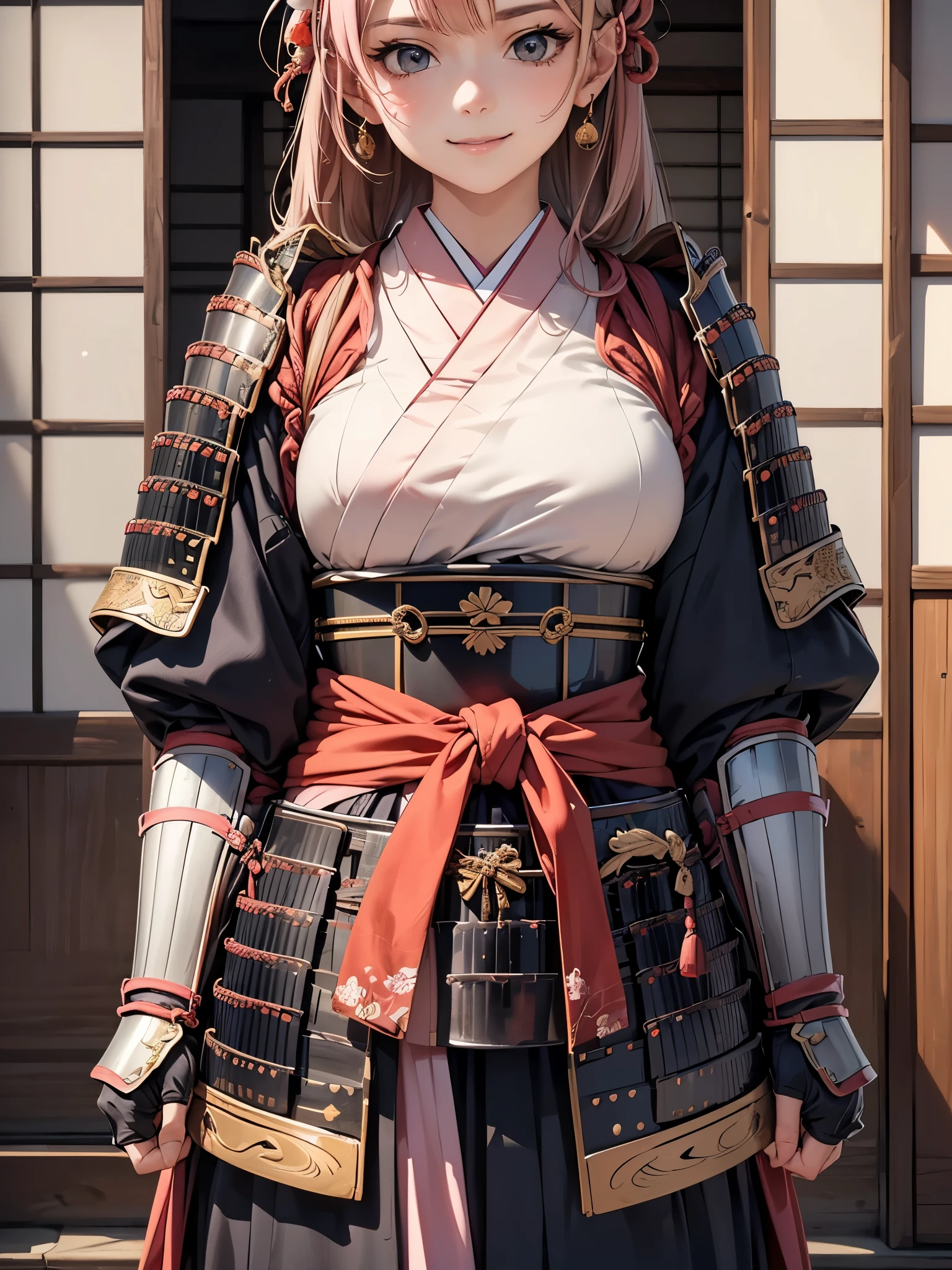 masterpiece, (west shots in an Edo period town in Japan: 1.3),  Anime Beautiful Girls, (9), (perfect anatomy: 1.4), (6.), Smile, Watch Military Commander , (Hair Ornament), (Japanese Armor: 1.3), (Pastel Pink), white, (princess Watch Military Commander : 1.2), Body Armor, breastplate,  gold border, Katana, Japanese wooden house , (composition of)