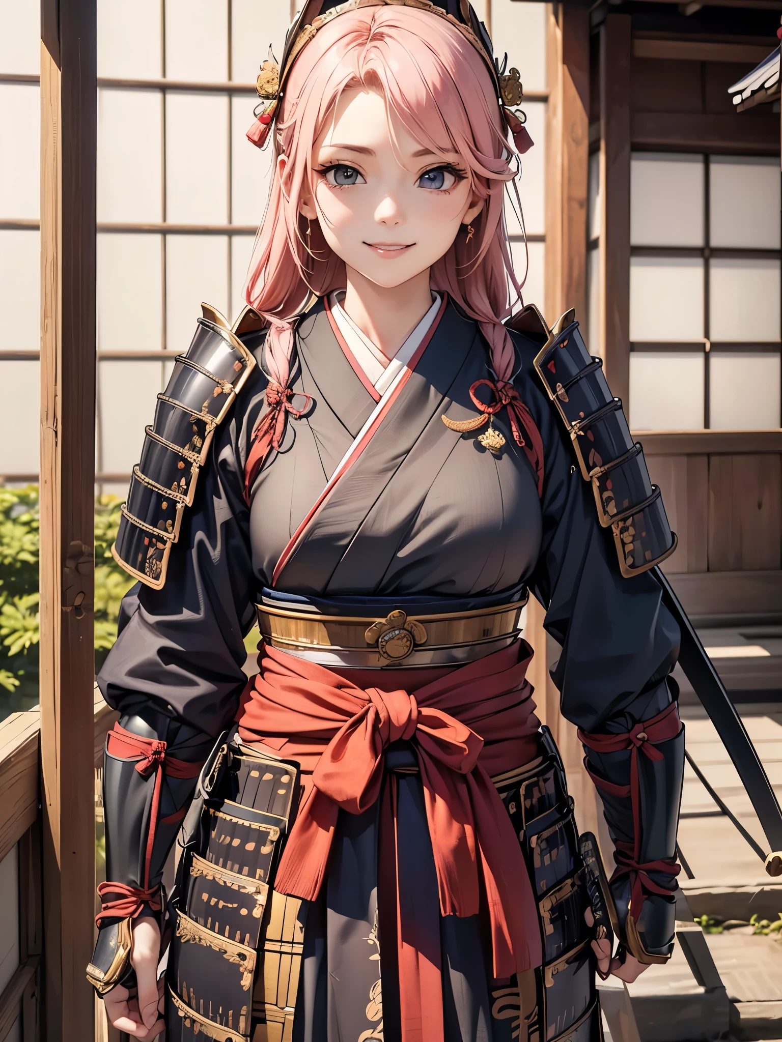 masterpiece, (west shots in an Edo period town in Japan: 1.3),  Anime Beautiful Girls, (9), (perfect anatomy: 1.4), (6.), Smile, Watch Military Commander , (Hair Ornament), (Japanese Armor: 1.3), (Pastel Pink), white, (princess Watch Military Commander : 1.2), Body Armor, breastplate,  gold border, Katana, Japanese wooden house , (composition of)