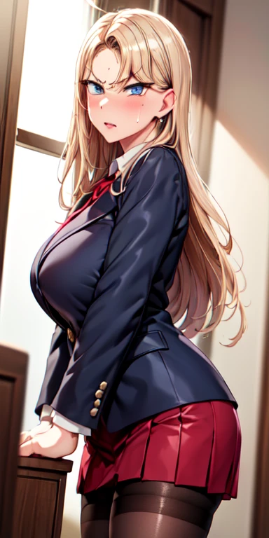 (highest quality: 1.2, Highly detailed, Latest, Vibrant, Super detail, Ultra-high resolution, High contrast, masterpiece: 1.2, highest quality, Best aesthetics, aya:0.9), alone, (1 woman), /( teacher/ ), (teacher), long hair, blonde hair, (red eyes: 1.3), long hair with brown highlights, thighs, skirt, sexy, cleavage, painted nails, belt, thighs with tights, glasses, classroom, shake hands welcome, pink lips, heels, red dress, sexy thigh, detailed leg, dynamic angle, random pause, highly detailed face and skin texture, cowboy shot,