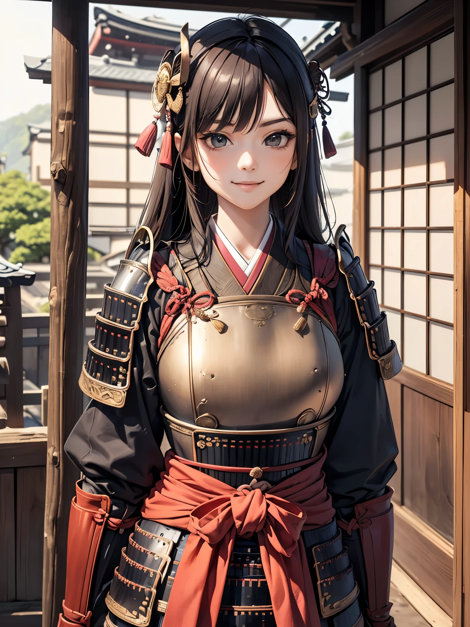 masterpiece, (west shots in an Edo period town in Japan: 1.3), Anime Beautiful Girls, (9), (perfect anatomy: 1.4), (6.), Smile, Watch Military Commander , (Hair Ornament), (Japanese Armor: 1.3), (Pastel Pink), white, (princess Watch Military Commander : 1.2), Body Armor, breastplate, gold border, Katana, Japanese wooden house , (composition of)