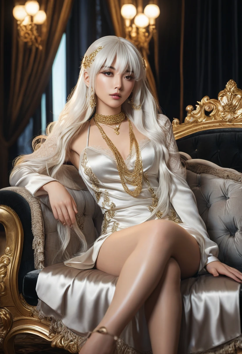 **A female Lich, beautiful, Female, glowing silver eyes, partial Skeleton, light clothes, long white hair, hyper realistic, hyper detailed, 8k, full body shot, sitting on a bone throne, hopeful atmosphere, bronze color clothes, kind smile, big eyes, magic, fantasy, Golden light, Golden hour, --ar 2:3 --s 750 --v 5.1** - (fast)