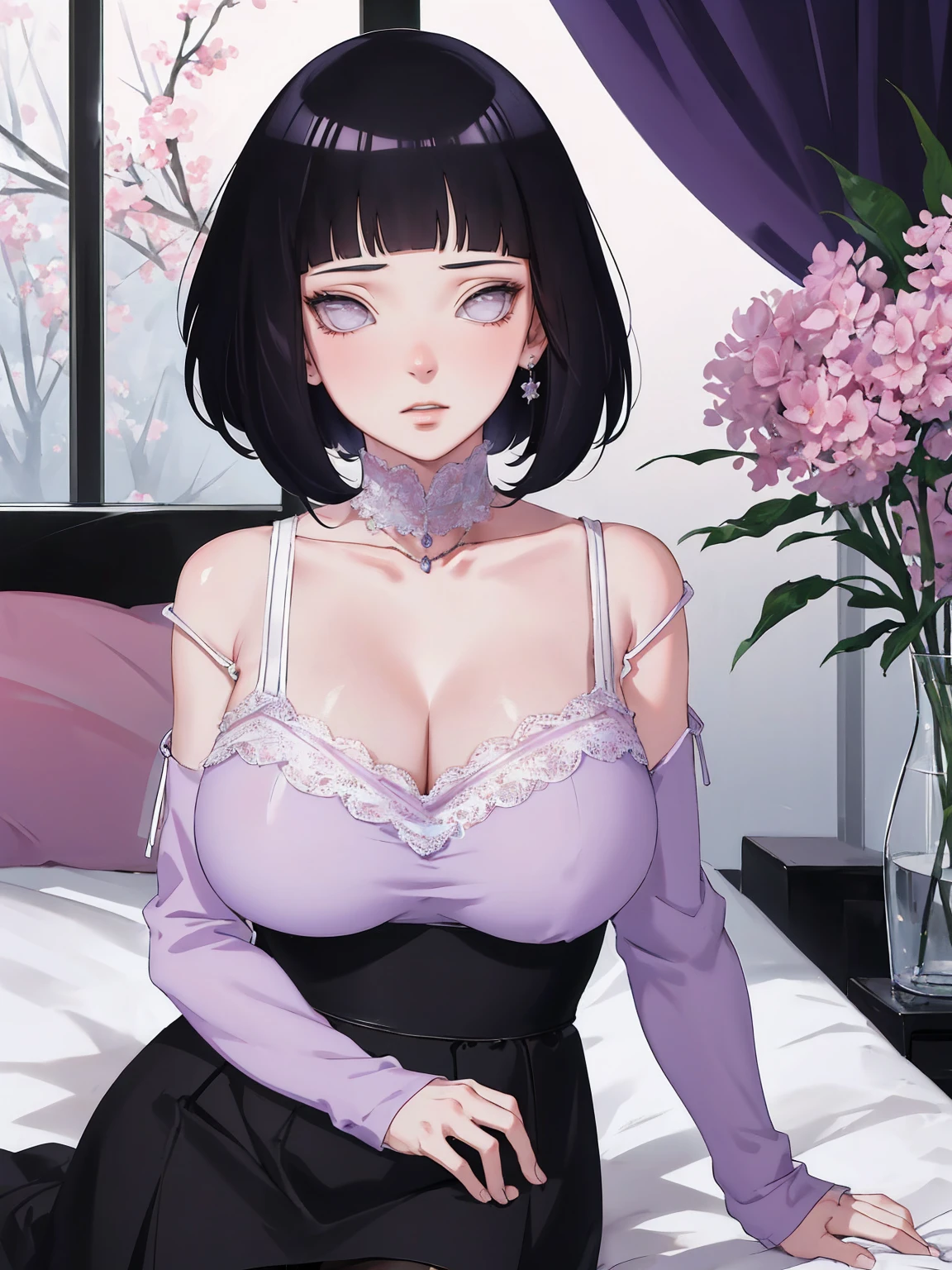 { - anatomy error} (Masterpiece - Ultra-detailed, very high resolution) (huge titusty, masterpiece, absurdres, hinata\(boruto\), 1girl, solo,mature female, off-shoulder bra, high waist black short skirt, looking at viewelling petals), perfect composition, detailed lips, big breast, beautiful face, body propotion, blush, (pink lips), short hair, (black hair), purple eyes, soft gaze, super realistic, detailed, photoshoot, realistic face and body, closed mouth, sitting on the bed , lilac eyes, full body, lace clothes, with chin resting on shoulder, perfect fingers