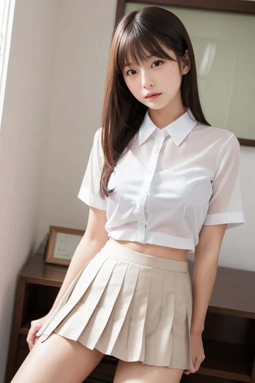 (Highest quality: 1.5), (Realistic: 1.5), (1 person: 1.5), Highly detailed, High resolution, 8k, slightly saggy medium breasts, Natural colored lips, Cute smile, Japanese woman, 20 year old girl, beautiful and graceful features, perfect and beautiful face, balanced big eyes, brunette eyes, beautiful and graceful features, natural double eyelids, natural bangs, beautiful thin nose, beautiful skin, medium bob hair , natural bangs , perfect and beautiful face, slim face and figure, blue summer sky, socks, (looking at the camera with a sweet smile), bright lighting, professional lighting, forward lighting, beautiful legs: 1.2, smooth skin, slender body, slim waistline, slim thin thighs, cleavage, detailed clothes, (short sleeve formal shirt:1.5), (Pleated skirt:1.5), plaid pleated micro mini skirt, short sleeve dress shirt, (unbuttoned shirt to show cleavage), Beautiful breasts, beautiful cleavage, bra visible through white shirt, (see-through shirt),  bathroom, shower room, sit、