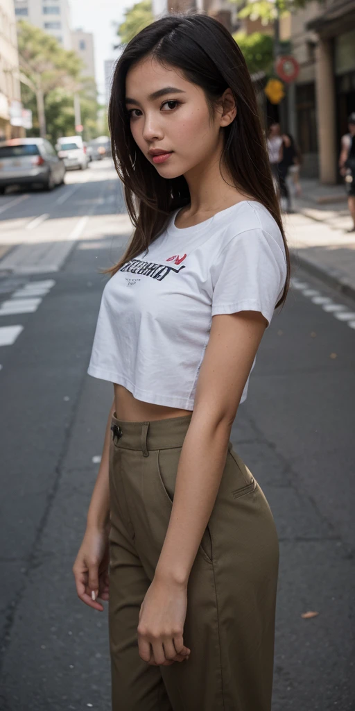 woman wearing a small red dress on top ((loose t-shirt, short sleeve t-shirt)), blue jeans down, HD, ultra realistic, ultra resolution, ultra quality, fully detailed, ultra detailed, 16k, cinematic light, street in the background, has, Sunglasses,