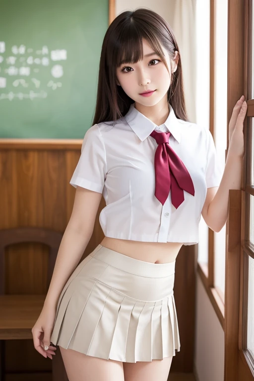 (8K, best quality, masterpiece:1.2), (realistic, photo-realistic:1.37), (high color saturation:1.0), (highly detailed skin), (highest quality:1.0), (ultra high resolution:1.0) ,(realistic:1.0), (Super detailed:1.0), (8K, Raw photo:1.1)、standing random pose, smiling, natural breast, perfect lighting, ((3girls students)), 18years old, (mysterious), clear and detailed, ((school_uniform, Japanese sailor uniform, flared skirt)), (classroom), cute face, (sky_blue_panties),
