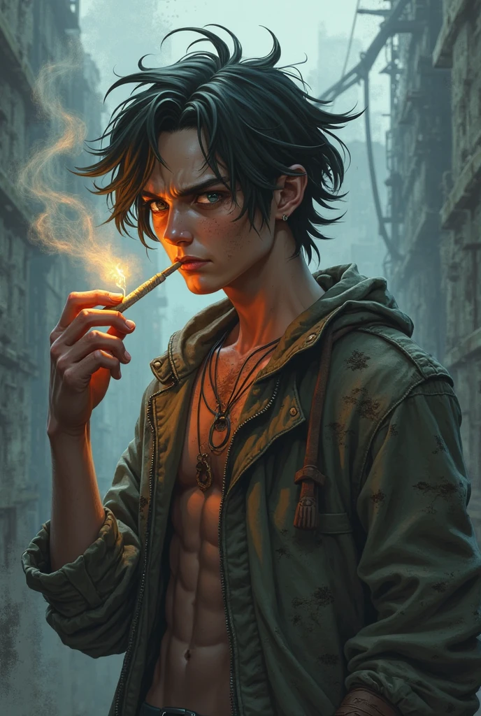 A Teenager man without shirt smoking