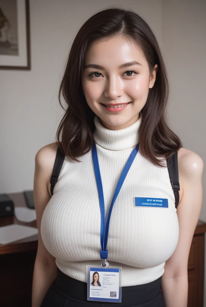 1 girl, Anissa Ichikawa, a middle-aged woman with a plump figure, turns 56 this year. (((Dressed in a Unbuttoned Police Shirt)), ((an Extra mini knee-length skirt, Pantyhose))), ((wearing hijab)), she exudes an aura of authority and beauty in this portrait. Her long, messy hair frames her face, adding to her charming appearance. Sweat beads on her forehead, hinting at the hectic nature of her work in the messy office behind her. Her upwards gaze and lustful Expression, half-open upper eyes engage with the viewer, inviting them into her world. This intriguing mix of a Japan-Indonesian native and Ex-gravure Idol wears tight clothes that reveal a hint of her upper body, (((Multiple Photos In One Frame))), (((Zooming Photos to Breast))), (((NATURAL LARGE BREAST :1.3)))