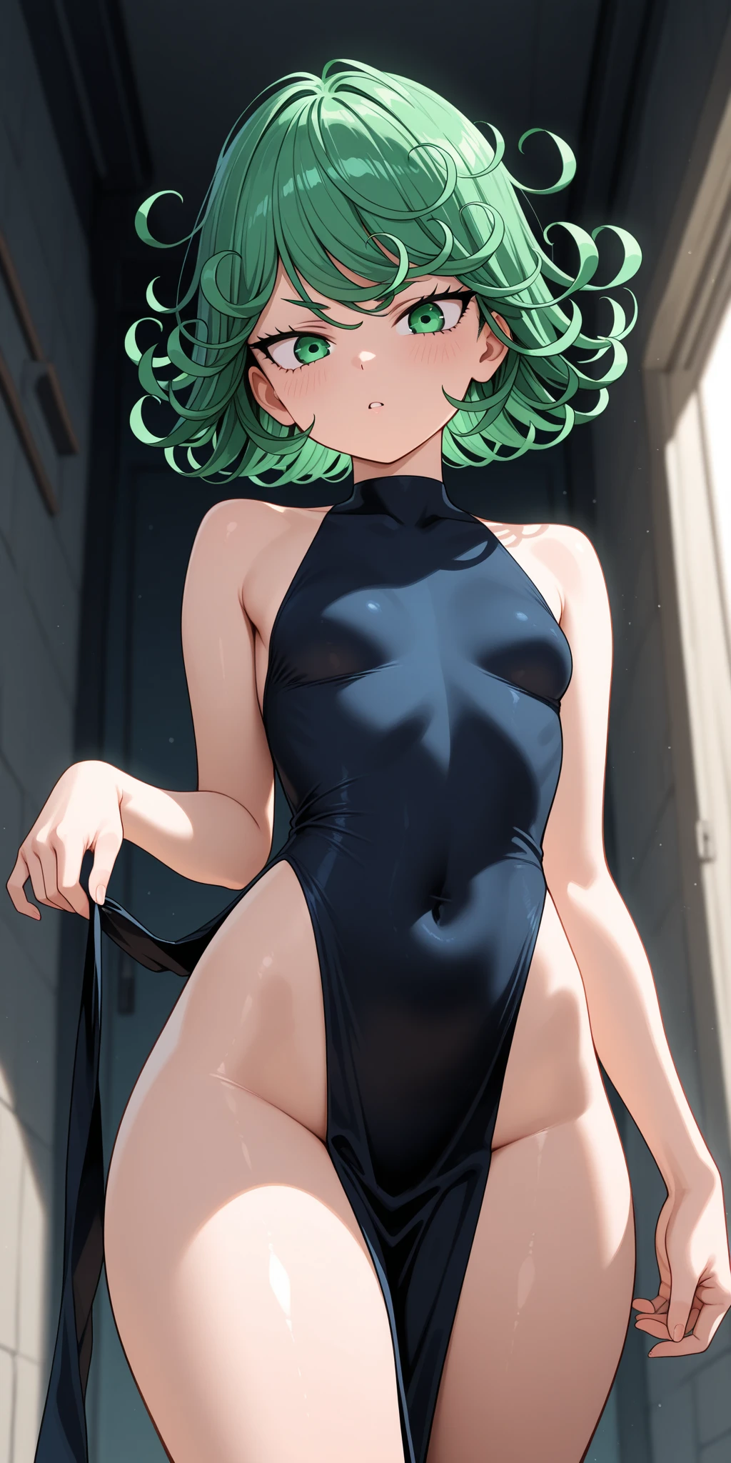 (top-quality, 4k), 1 girl, tatsumaki, Short Hair Hair, Green hair, child, slender body, ultra detail face, Detailed lips, Slender eyes, gown, stands, enticing, excited,, steam, frombelow Don't wear panties, small tits, pointed breast beautifull hands both hands over normal hands Two arms complete hands Beautiful body Beautiful Finger normal fingers Five Fingers Beautiful ears Ordinary ears、 beautidful eyes radiant eyes Beautiful mouth Sheer with beautiful lips Chest thrusting pose Areola showing through exposed breast Nipple protrusion Nipple protrusion Clothes with showing through Clothes with part of the chest slipped off Nipple protrusion :2.0 Petite bust no-bra No panties Crotch bite Precise human body structure complete fingers Pink pink areolae Green hair tiny chest Wet and see-through green clothes Off-shoulder clothes that are wet and see-through (place々Woman in torn green clothes) (place々Woman in torn off-the-shoulder clothes) Clothes that show through the Clothes with one part of the chest sliding off Nipple protrusion Petite bust no-bra Panties Crotch bite Crotch split Lustful Feeling ecstasy Sweating Wet texture Beautiful small breasts pink nipples Pink areola ((((Electric Vibrator))))、((((The vibrator is fixed in the crotch of a woman))))、(((The rotor is mounted on both chests)))、((panting、Wheezing))、convulsions、(((Squirting)、I'm 、Kimesek、Blushing Back alley Standing