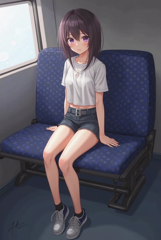 blue eyes, black hair, high res, ultrasharp, masterpiece, skinny legs, crowd not notice visible to viewer, secretly having sex, very close to other people, long wet shirt, tiny girl, pussy penetrated by a penis, low seating, pleasure smile, eyes wide open, airport, short pants with hole, trying to hide