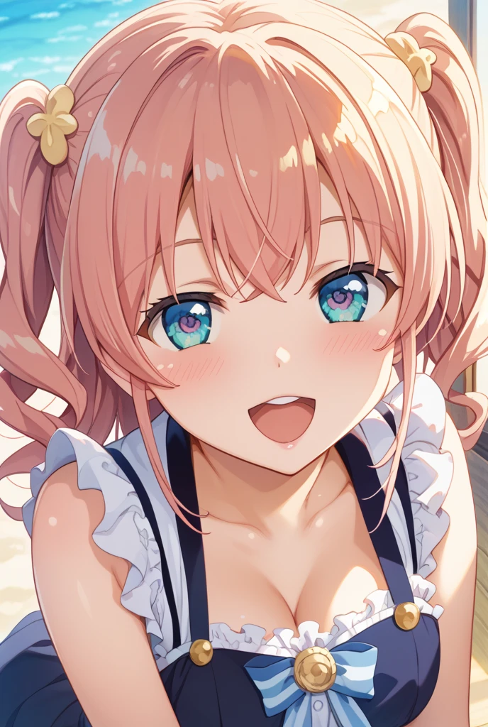 (masterpiece), (best quality), (ultra-detailed), (best illustration), (best shadow), (absurdres), (detailed background), (very aesthetic), mika jougasaki, 1girl, solo, pink hair, yellow eyes, maid headdress, twintails, long hair, dot nose, blush, open mouth, smile, frilled white choker, black bowtie, collarbone, bare shoulders, large breasts, cleavage, alternate costume, frills, frilled black maid bikini, hand up, frilled black detached sleeves, navel, frilled white miniapron, shiny skin, looking at viewer, standing, outdoors, ocean, blue sky, clouds, cowboy shot,