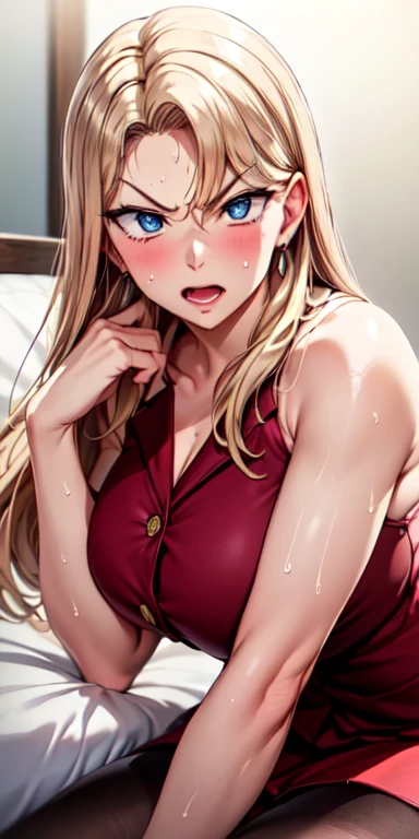 master piece,  , 1girl, solo,  , braid, back, looking at viewer, blush, huge breasts, happy, blond hair, red jacket , long sleeves, blue eyes, upper body, sweat, looking at viewer, indoors,   detailed eyes,  (best quality),blush, cleavage,sitting,(top view),(selfie),latex,((nipples))