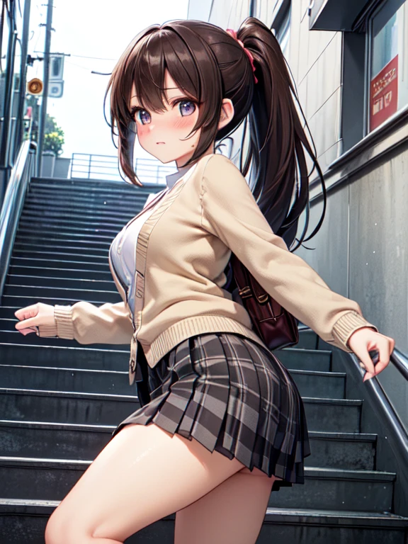 ((masutepiece, Best Quality, hight resolution, nffsw, Perfect Pixel, 4K, nffsw, nffsw))), 1girl in, Single, Solo, Beautie、full body seen、 ((Middle Wave Hair, Bangs, Brown hair)), ((Brown-eyed, Beautiful eyelashes, Realistic eyes)), ((Detailed face, Blushing:1.2)), ((Smooth texture:0.75, Realistic texture:0.65, Photorealistic:1.1, Anime CG style)), medium breasts, Dynamic Angle, Perfect body, ((red bowtie, School uniform, Black jacket, Open jacket, Brown cardigan, White shirt, Black skirt, plaid skirts)), City staircase、Looking up from the bottom of the stairs、Very embarrassing panic smile, turned around、bending forward、(The wind flipped my skirt and exposed my butt......................、Touching the buttocks with both hands、Pink floral lace panties)、