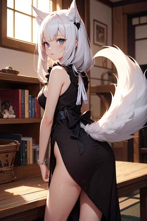 1girl, beautiful white neko, long white neko ears, white neko tail, anime style, purple eyes, big breasts, extremely detailed eyes and face, Wearing white and black open shoulder kimono, white long hair