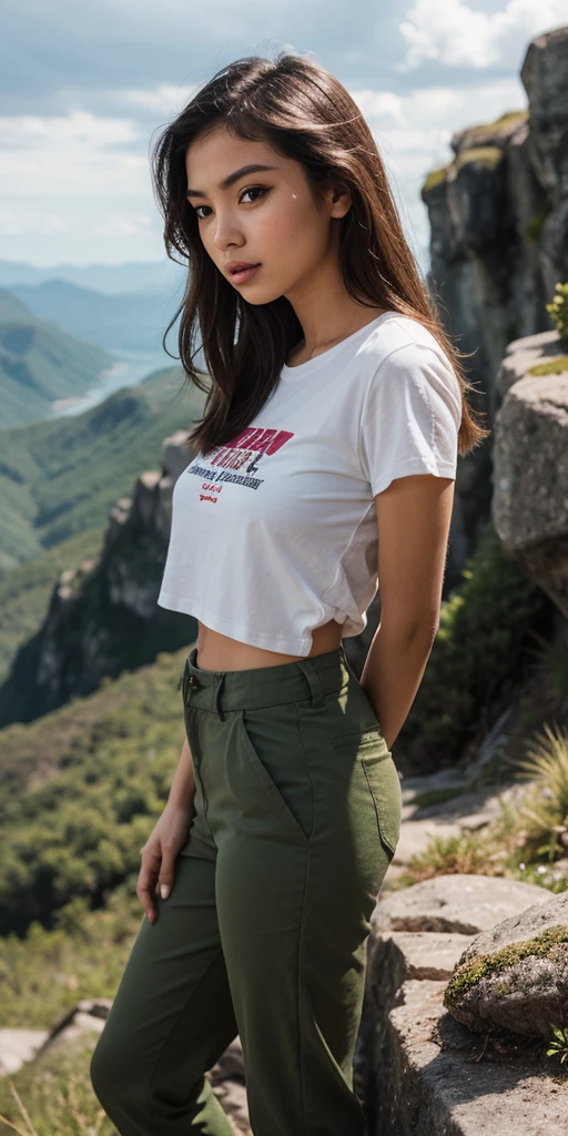 a beautiful woman with long blonde hair, in the middle of hiking in the mountains wearing short jeans shorts and a tight T-shirt , weiches Licht von der Seite, beautiful blonde girl, Sexy girls, 2 4 Jahre altes weibliches Model, attraktiv, blonde goddess, blonde girl, seitliche Haltung, , pose attraktiv, sexy Aussehen, with natural light background, , Pose casual, 