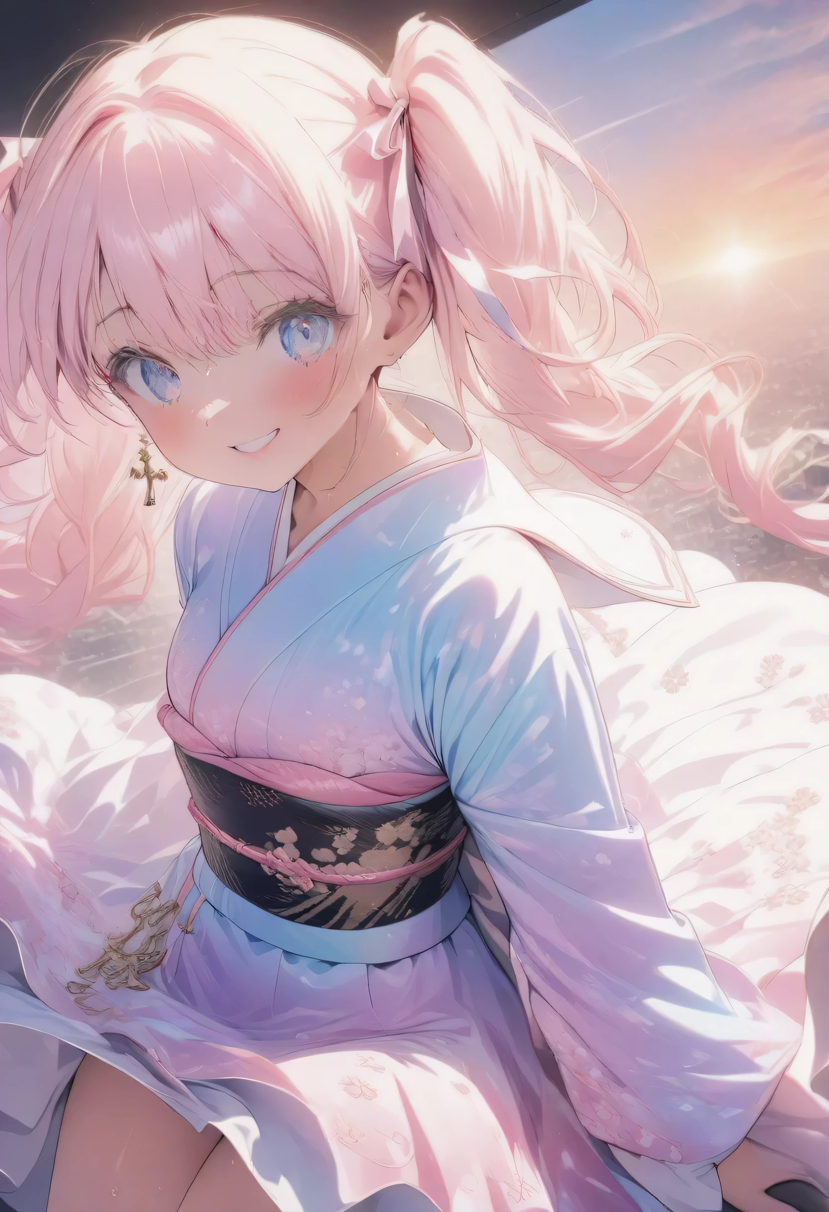((((Beautiful girlアートワーク))), Highest Quality:1.2, 4K, 8K, Studio animation, very detailed, Newest, vivid, Attention to Details, high contrast, masterpiece:1.2, BEST AESTHETICS, (((1 girl playing with a cat))), Full Body Map, Pastel multicolor, twin tails, big round light blue eyes, cute smile, (Beautiful girl:1.3), Back view, Look Up:1.3, A fusion of a white sailor suit on a black background and a cherry blossom pattern kimono:1.3, A kimono with a cherry blossom pattern, Light pink ribbon,  cross pendant, White Sneakers, Sunset Background, Dazzling Sunsets , wet costume, focus on very big things, Round and small shaped buttocks, Dynamic Angle, friendly atmosphere, BEAUTIFUL SHINY HAIR, Beautiful skin, Detailed face and eyes, shiny lips, impressive contrast, Highlights Full Body Proportions, natural pose, Detailed Outfit
