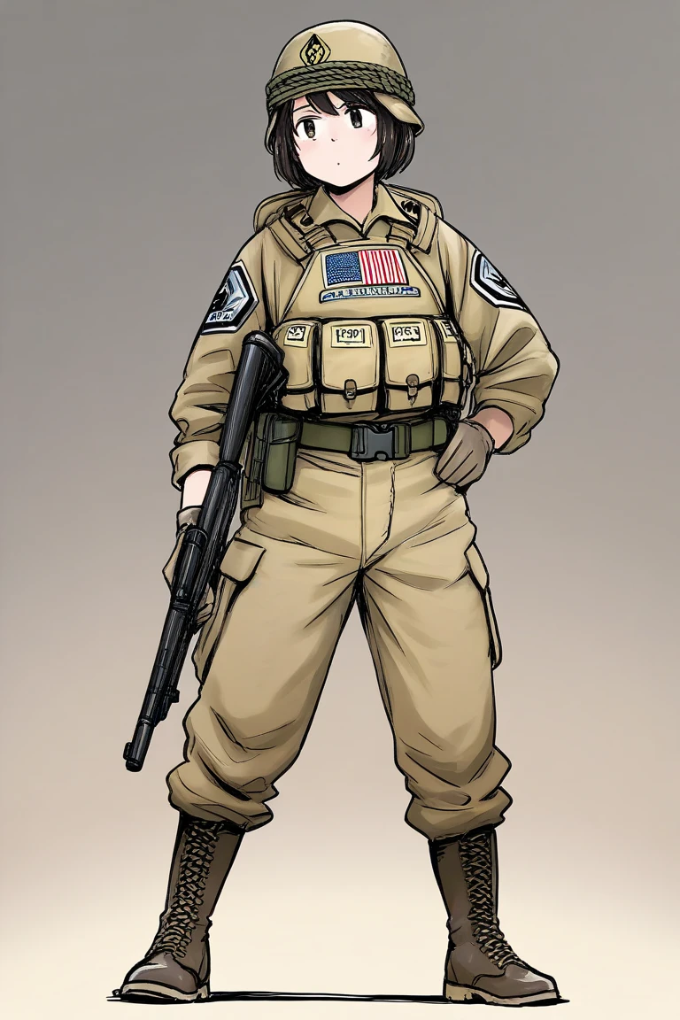 a woman,Taliana, <lora:TalianaXL:0.8>,short hair,black hair,(felt marker drawing:1.3),(detailed background),((wearing desert camouflage uniform,spotted camouflage)),standing besides heavy truck,in parking lot,in desert