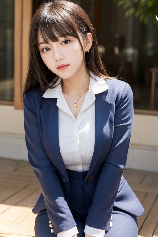 Woman sitting by the lake、Standing with both knees together、Legs stretched out in front、Hands on your back、Beauty、20-year-old、university student、Well-balanced proportionedium build、Small face、Small breasts、Small Ass、A strong wind is blowing、grassland、There are a lot of trees、Wearing a navy blue blazer、Wearing a white blouse、She is wearing a long dark blue skirt、Wearing white panties、Wearing pumps、Uniform left and right eyes、blue sky、, black hair, long hair, messy hair, floating hair, earrings, parted lips, happy, seductive smile, Surrealism, Verism, cinematic lighting, first-person view, f/1.2, Nikon, UHD, best quality, highres, 8k, anatomically correct