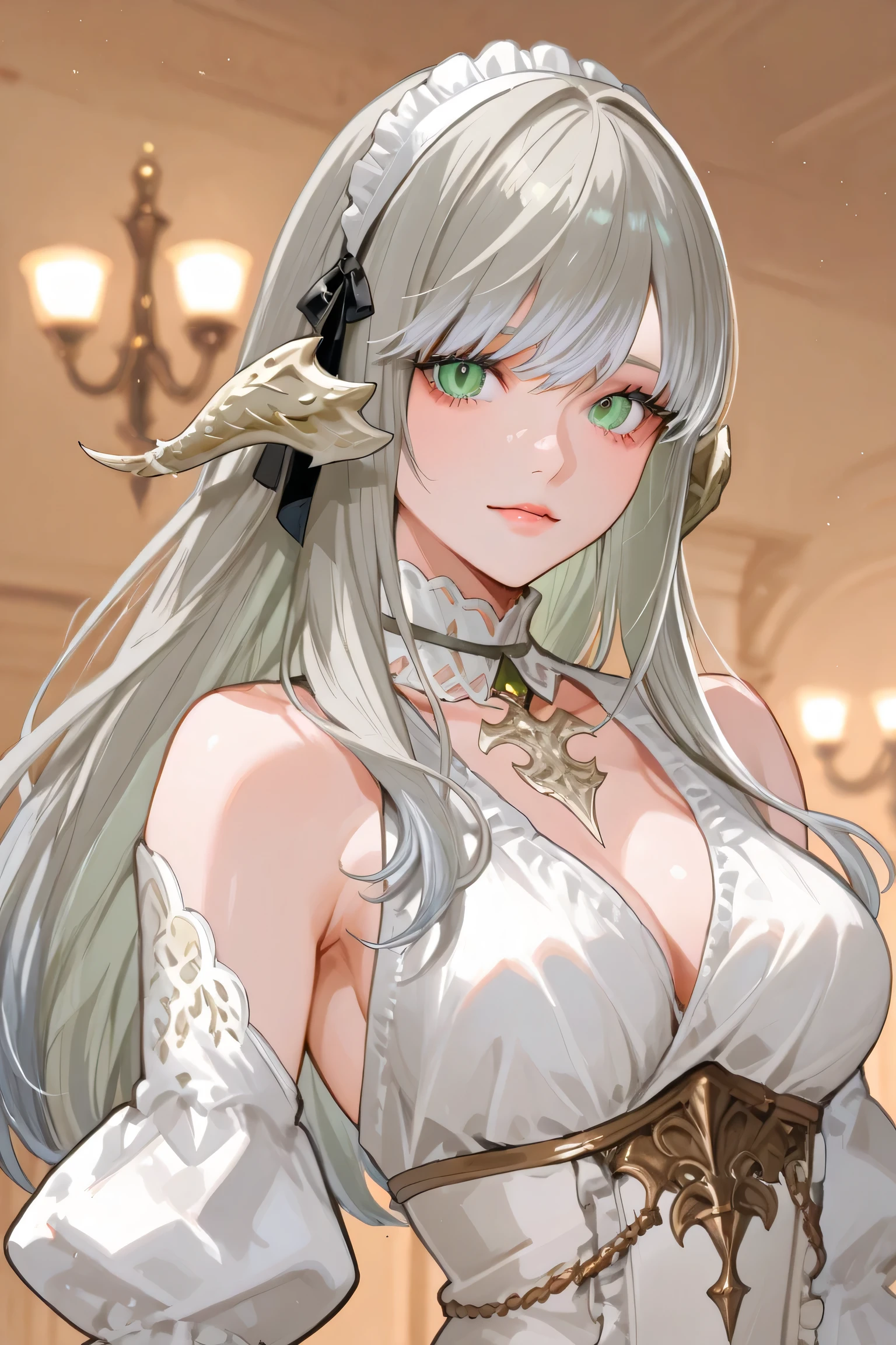 nsfw, 1Mature Female, A Bewitching older woman, 35yo, evil femme fatale, sexy MILF, solo, aesthetic, peerless beauty, Glossy brunette wavy hair, Beautifully styled French roll hairstyle, Narrow forehead, thin arched eyebrows, double eyelids, dark green eyes, highlight on eyes, eyes reflection, well-shaped nose, beautiful nostrils, Lustful full lips, dark lipstick, glossy lips, sharp jawline, Glamor, soft and curvy, honey-colored glistening skin, super detailed skin, glossy skin, Feminine neckline, thin collarbone, deep cleavage, saggy huge breasts, (perfect anatomy, ideal facial features, ideally proportioned figure, perfectly beautiful body, an extremely delicate and beautiful, beautiful detailed face, beautiful detailed hair, beautiful detailed eyes, beautiful detailed nose, beautiful detailed nostrils, beautiful detailed lips),  (close-up photography of upper body, boast pompously, focus on entire screen, asymmetrical, masterpiece, official art, work of art, Award-winning work, extreme quality, ultra high definition, finely detail, magnificent illustration, extremely beautiful CG, high definition pictures, all intricate, raytraced, caustics, textile shading, incredibly absurd res, absolutely resolution, ultra high res, 16k), ((slyly look, evil seductive smile, looking at us)),