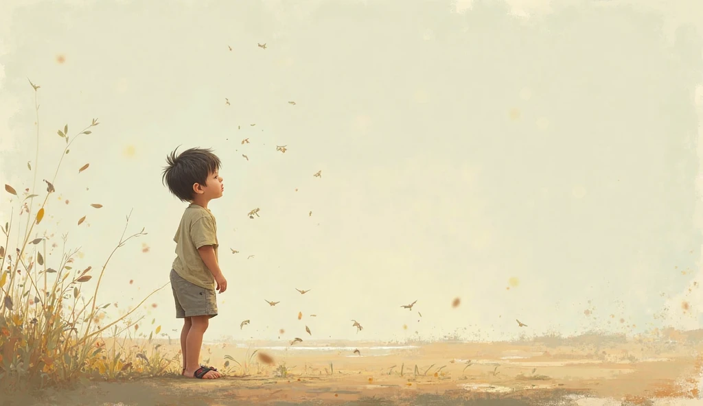Dry soil.1 child.Are standing.Small brown seeds falling from the sky.One.Falling.Hitting a child on the head.Pastel drawing