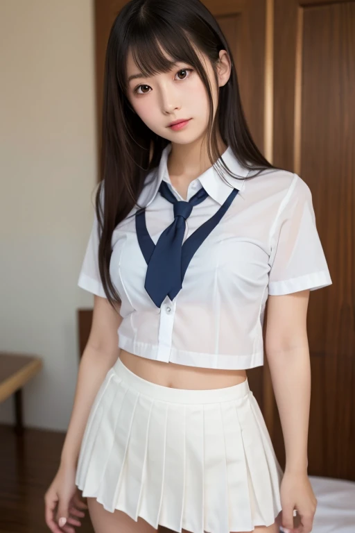 Highest quality、Highest quality、Highest pixels、Brown Hair、long hair、masterpiece、.Big breasted、See details. Ultra-high resolution. Japanese、One young woman、uniform、high school student、high school girl、mini skirt、Real、Realistic、smile