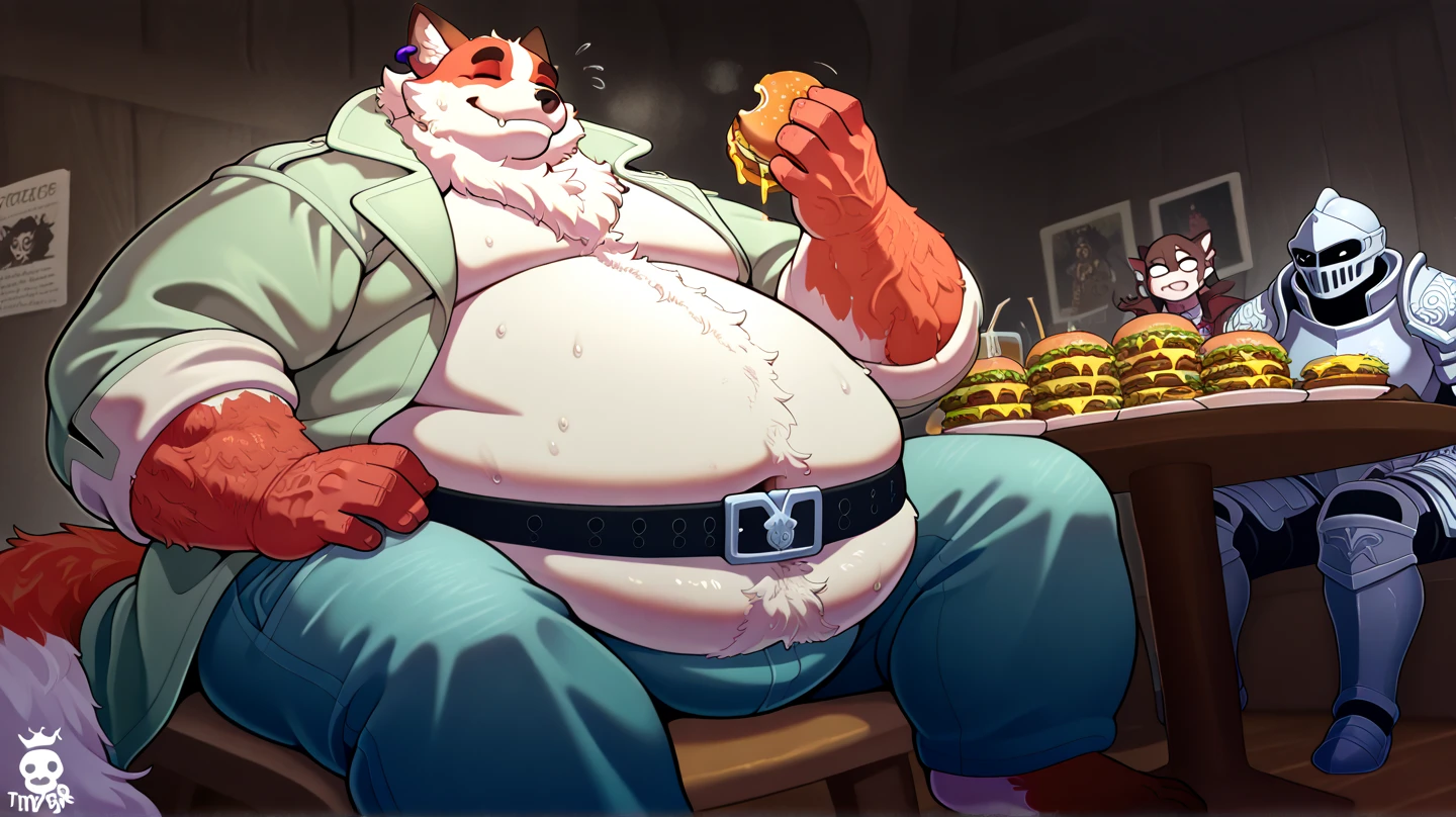 Male, solo, anthro, (Shirou Ogami), Shirou_BNA, pizzaria, feeding, feeder, feedee, eating, shoving food in mouth, gainer, gainerart, anthro, older male, relaxed expression, happy expression, stains, white chest fur, buffet restaurant, buffet line, black belt collar, wearing pants, black jeans, bursting out of clothes, pants pulled down, torn clothing, ripped, tattered, raggedy clothes, massive bulge, (tenting(pants)), (outstretched pants), (male genitalia outline(pants)), erection, (fully-erect), food in background, pizza, fried chicken, doughnuts in background, plies of food, stacks of plates, lazy, slob, stained fur, stains, detailed lighting, brown chest tuft, ruffled fur, musclegut, belly, beer belly, (overweight:2.5), sitting in a booth, framed pictures in background, beer, drunk, intoxicated, focus on belly, stuffed, full belly, weight gain, obese, muscular arms, detailed belly, detailed hands, attractive, body hair, (detailed genitals), (hairy chest), facial hair, scruff, ruffled fur, (detailed genital outline), snout, long snout, teeth, perfect eyes, mature male, parent and son, incest, father figure, dad, dilf, daddy, dad bod, fangs, wide waist, broad shoulders, strong thighs, canine teeth, white teeth, detailed hands, big bulge, detailed crotch, dramatic lighting