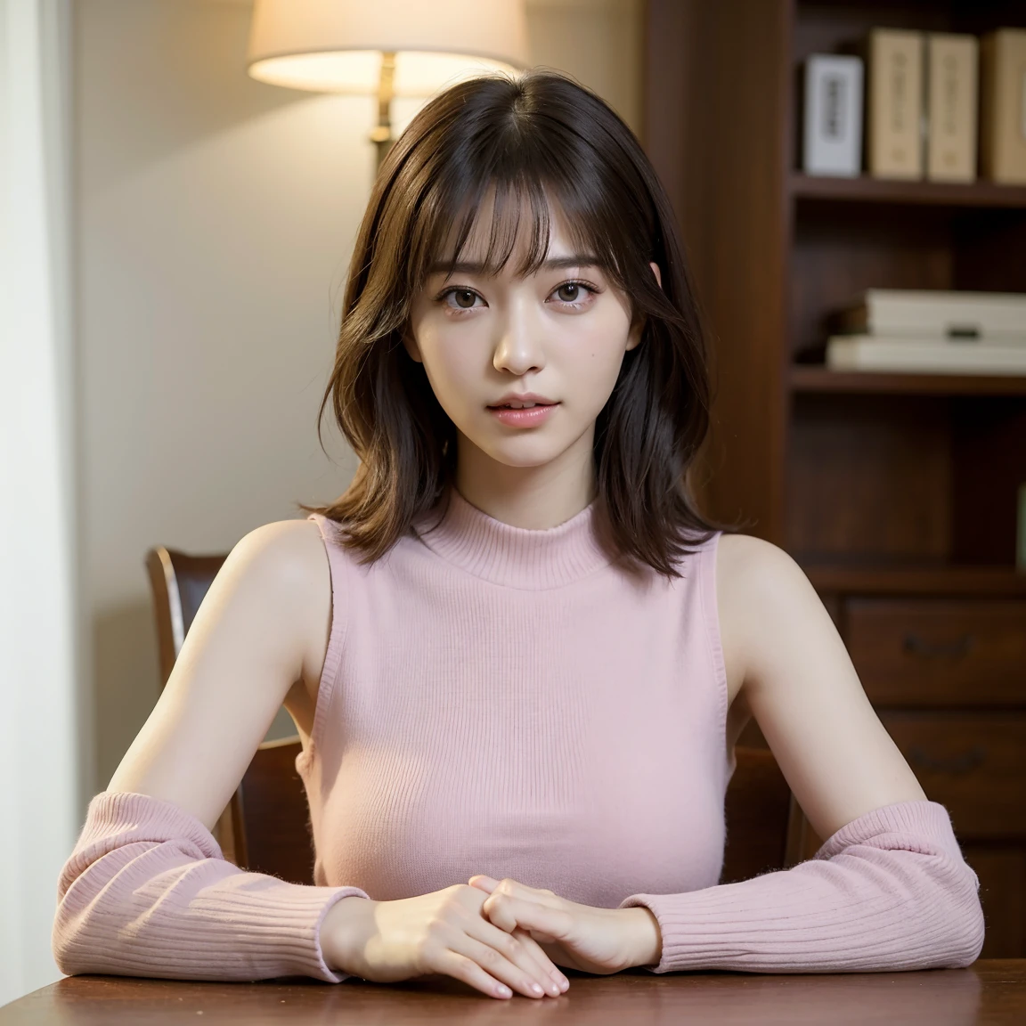 (Sleeveless:1.3) beautiful, thin, Fair Arms Pureeros (super highest quality:1.3) (Very realistic, Realistic:1.3), (Sharp focus:1.3) Pure (Sharp focus:1.3) Wide background々Luxurious living room Bookshelf 3D Beautiful gradients A happy and kind smile Very high quality and stylish See-through bangs Elegant and intelligent Clean and stylish Excellent Education Women's Fashion Magazine model (Realistic and very high quality:1.3). (High resolution/High resolution:1.3) Tabletop, Very delicate and beautiful, Soft Light, (Brown Hair, Shoulder-length straight bob hair) Beautiful detailed girls, Highly detailed eyes and face, beautifully detailed nose, thin and beautiful eyes, 1 girl, Japanese, Pureな beauty, cute, young, Very stylish A spring sweater in spring-like colors Very stylish Supported by women Trending Fashion , (Medium Chest), Realistic Face, Realistic body,