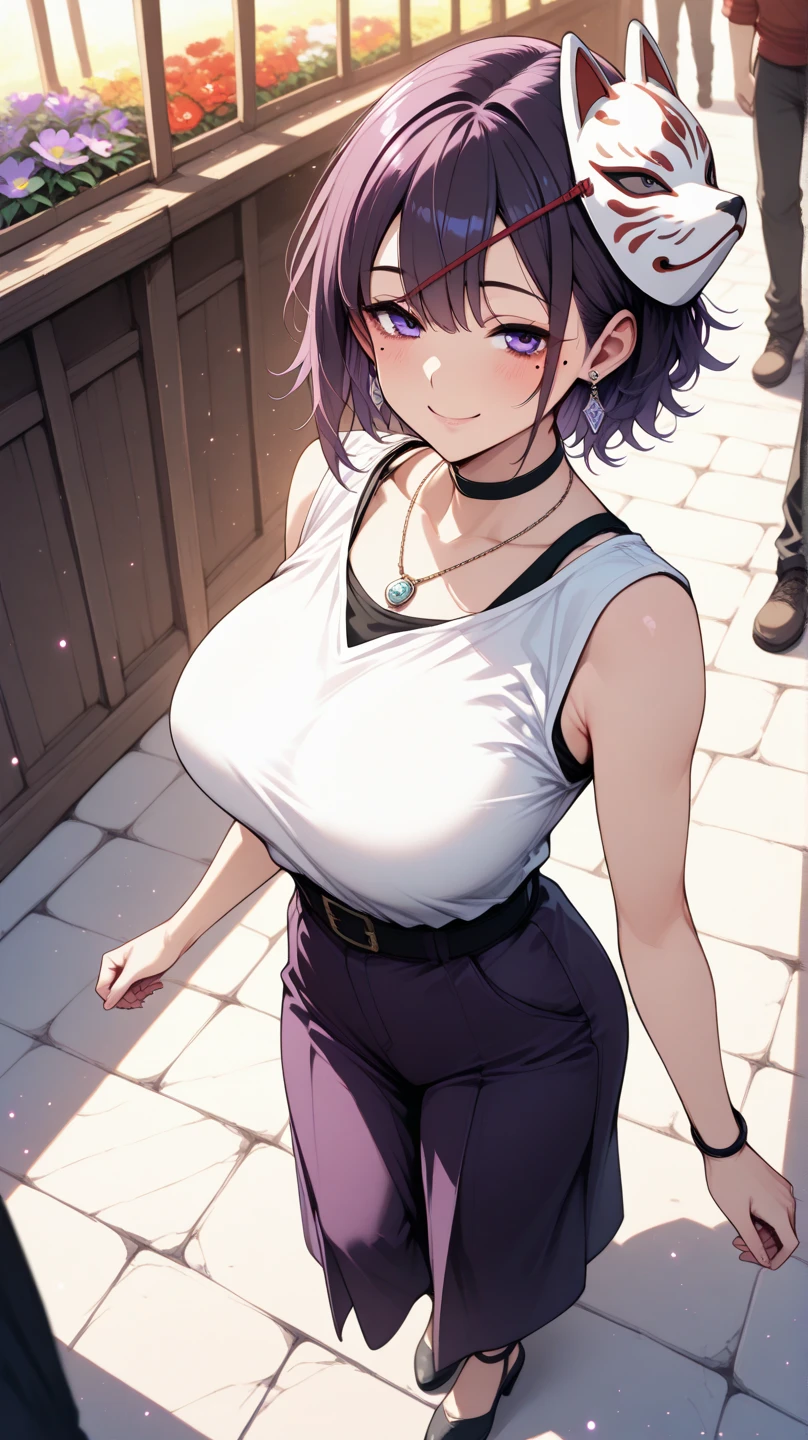 1girl, purple hair, short hair, blunt bangs, black tank top, long pants, big breasts, parted lips