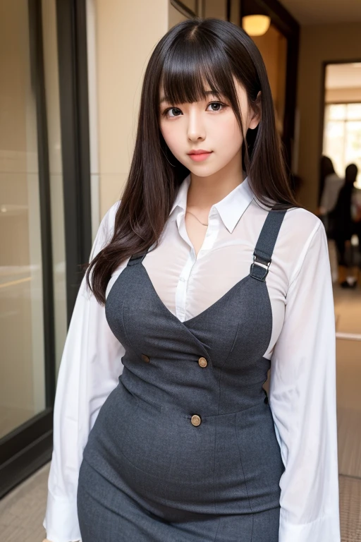 Highest quality、masterpiece、8k、Very detailed、Realistic、(One girl)、(Looking at me with a smile:1.5)、whole body、(Black Hair)、Small face、(Slender:1.2)、(Big Breasts:1.2)、(White business shirt with buttons and a collar:1.2)、(short tight skirt in gray,:1.2)、(Grey business jacket:1.2)、(Open your mouth wide and stick out your tongue:1.4)、(Make a ring with your hand around your mouth:1.4)