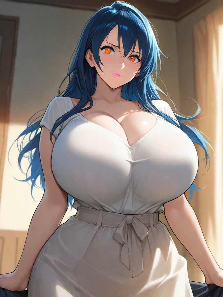 ultra realistic 8k cg, masterpiece, ((ultra detailed background, intricate detail, highly detailed, fine details best quality, hyperdetailed face)), gigantic breasts ,beautiful lighting, absurdres, BoaHancockV2, 1girl, solo, blue hair, long hair, jewelry, closed mouth, ), cleavage, minidress, bare shoulders, curvy, midriff, curvy, thighs, shiny clothes), blue eyes, complex detailed background, indoor, palace), ((cowboy shot)), curvy, (gigantic breasts: 1.4), seductive smile, cowboy shot, (tan skin :1.1) (tan face:1.1)